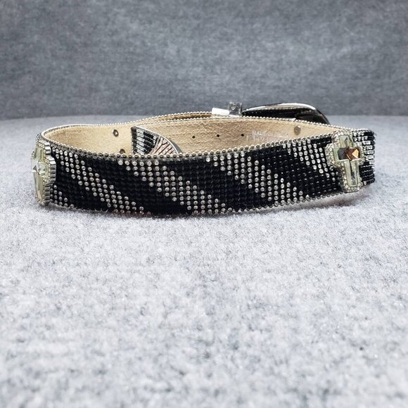 Nocona Belt Womens M Black Leather Rhinestone Bling Stripe Silver Adjustable New main image 7